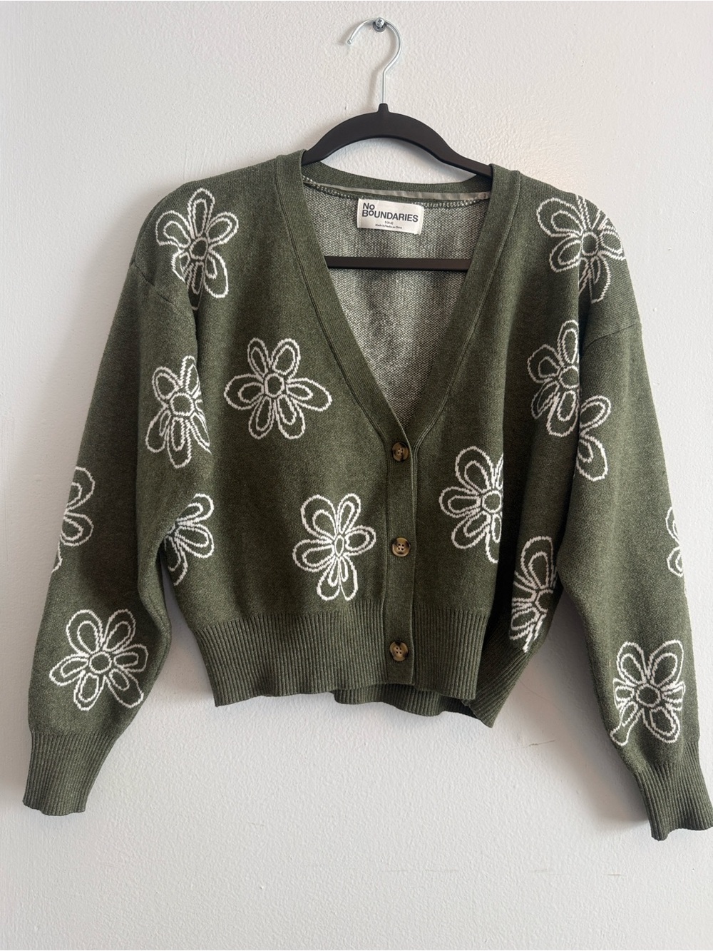 No Boundaries Olive Green Floral Button-Front V-Neck Cardigan